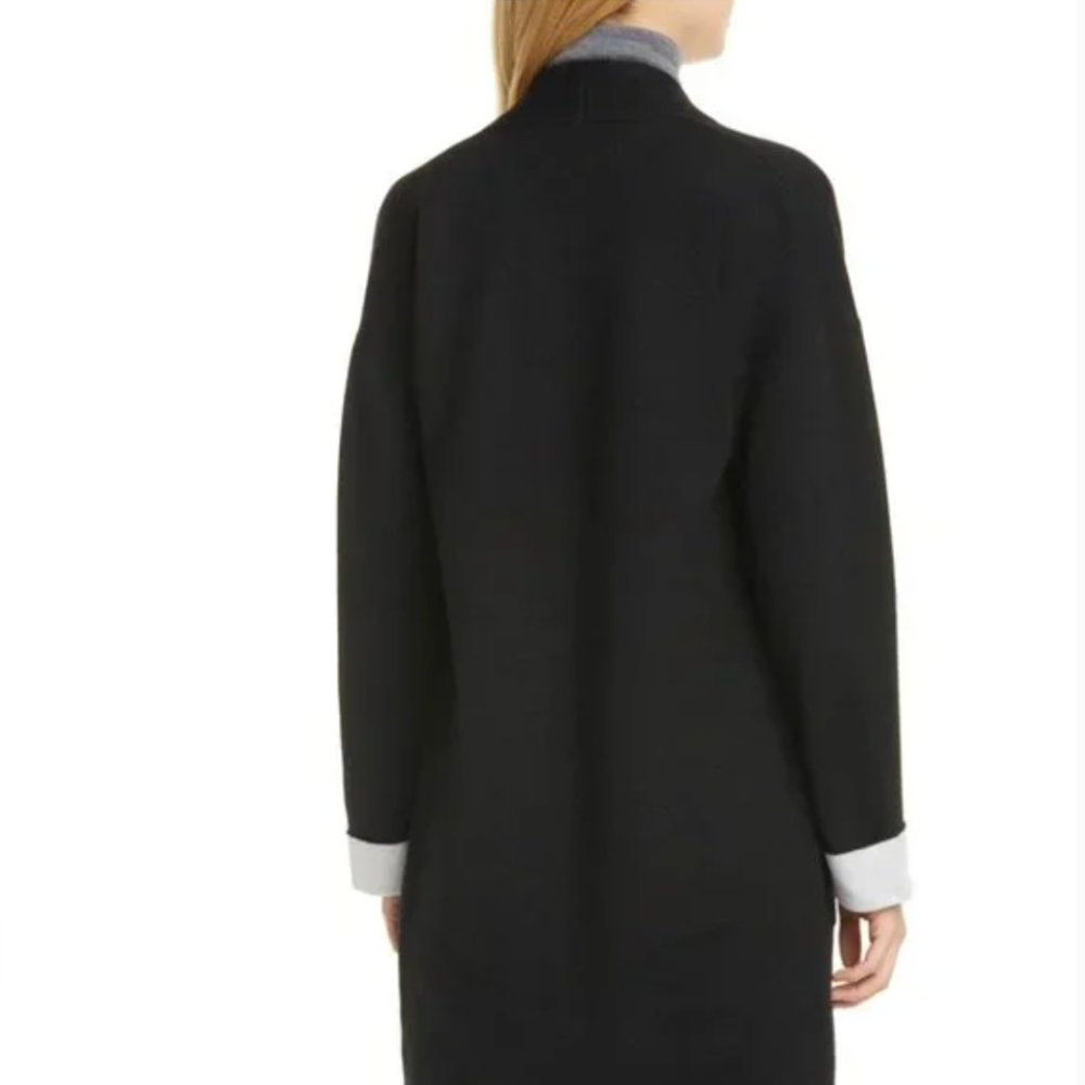 THEORY Open Front Double Face Wool Blend Long Cardigan In Black (Size P)